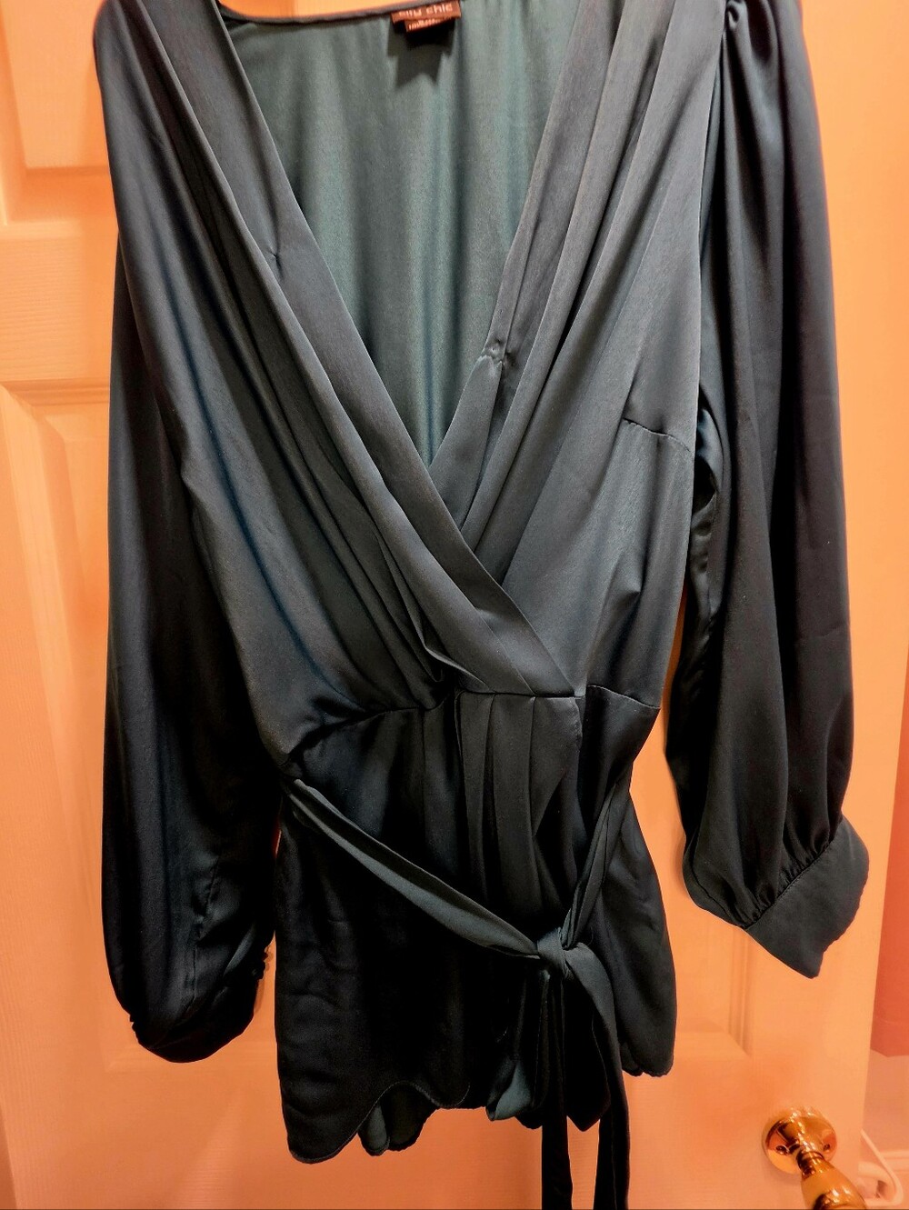 City Chic Satin Wrap Blouse in Deep Teal